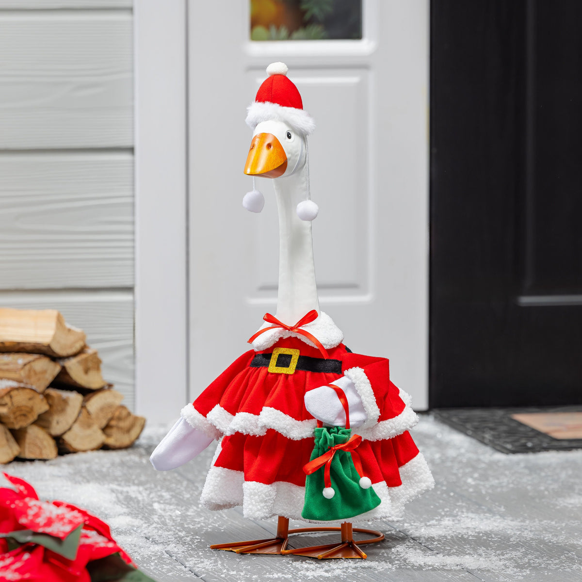 Giddy The Goose, Metal Porch Statue With Mrs. Claus Outfit, 21"H - holiday-decor